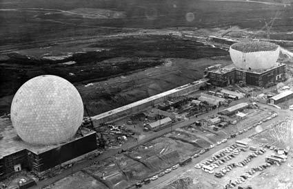 A vast area of moorland is turned into a building site as the radomes (golf balls) are built at RAF Fylingdales in 1962.