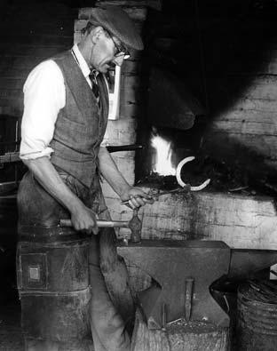 Taffy Demery, shoeing smith at Pat Rohan's stables in Malton, with a red hot racing shoe.