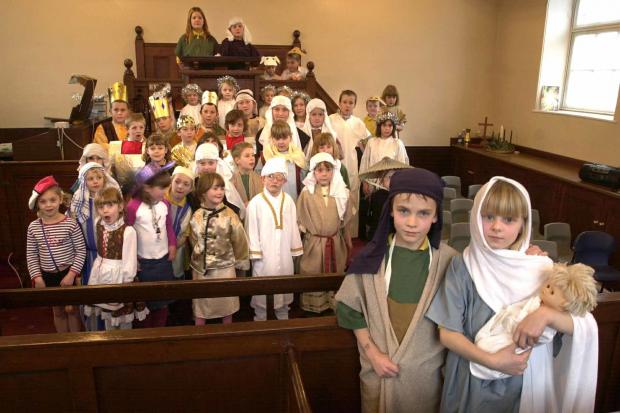 Pupils at Gillamoor Primary School rehearse their traditional nativity in 2004