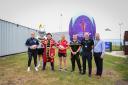 From left to right: Grace Field (England RL International), Ben Fry (Town Cryer), Jodie Cunningham (England RL International), Adam Prentis (York City Knights Foundation), Keith Morris (Uni of York), Paul Ramskill (City of York Council)