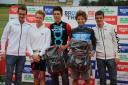 SUCCESS: Ryedale triathlete Tyler Hutchinson (second from right) pictured with Great Britain's Olympic heroes Alistair Brownlee (far left) and Jonny Brownlee (far right) after winning the Brownlee Triathlon junior event.