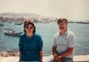 Sarah Walker and her dad on the island of Mykonos in 1986 when her parents visited during her gap year in Greece
