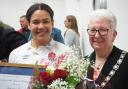 England rugby player Tatyana Heard is presented with the Freedom of Kirkbymoorside by  Town Mayor Cllr Jill Wells.