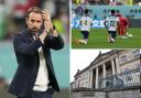Gareth Southgate (left), England players taking the knee (upper right) and York Crown Court (lower right)