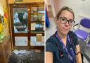 The damaged glass door at the GP surgery in Hull Road in York with Dr Abbie Brooks