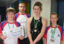 Derwent Valley Swimming Club coach Mark Wheatley, left, with, from left, Arthur Rees, Steph Bramley and Kate Pearson