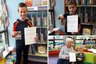 Oliver Herring, aged 11, with his Token and Certificate, left, Archie Robinson aged six, top right and Maisie Cooper, aged four, receiving her Certificate and Token from Ann Bowley at Pickering Library.