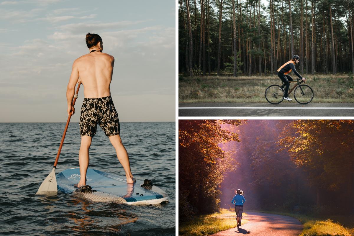 (Left) A person paddleboarding. (Top right) Someone riding a bike and (bottom right) someone running. Credit: Canva