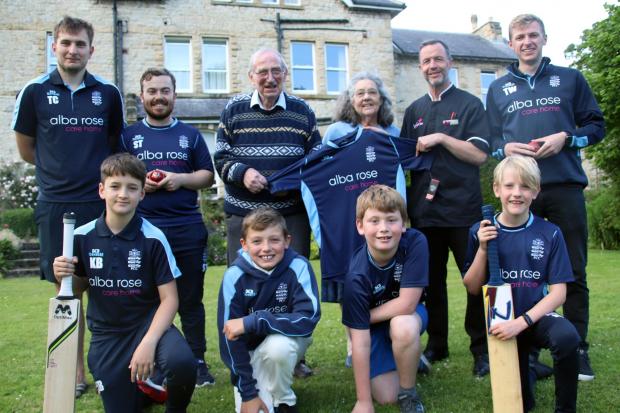 Pickering Cricket Club chairman Tom Croot, Team Captain Stephen Temple, Alba Rose residents George Davison and Margaret Jenkins, Alba Rose Deputy manager Mike Smith, and First Team Captain Tim Whincup. Junior players Kit Blundell, Albie Newton, Ed Dowson