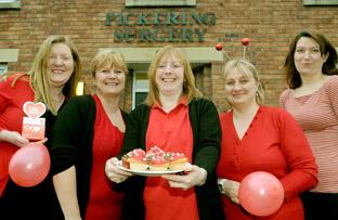 Some of the team at Pickering Surgery who will be taking part in the Wear Red Day, to celebrate National Heart Month, from left, Carol Hunt, Karen Robson, Siobahn Gorman, Viv Barker and Jill Stephenson. 