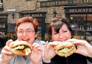 Sue Brooke, left, and Dawn Rawlinson outside Hunters of Helmsley with their prizewinning butties, which won the first prize in a competition to mark National Sandwich Week.
