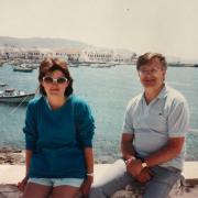 Sarah Walker and her dad on the island of Mykonos in 1986 when her parents visited during her gap year in Greece