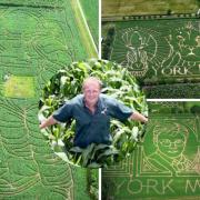 Farmer Tom Pearcy, centre, likes to choose a topical theme for the design of the maize maze each year.
