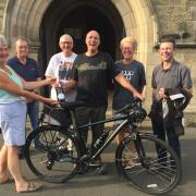 Steve Waterworth completed the epic 140 mile cycle. From left to right, Janet Bate,  Peter Richardson, Paul Buckle, 
Steve Waterworth, Kathy Carter, and Martin Tubbs. Picture: Martin Sunley