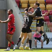 York Knights players celebrate Olly Butterworth's second try.