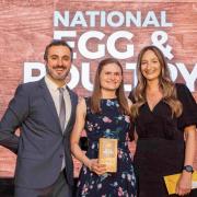Awards host and comedian Patrick Monaghan with Young Farm Vet Emma King and Lucy Berriman from Zoetis UK