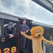 Leon the Lion with North Yorkshire Moors Railway drivers