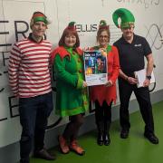 Rory, head of ‘elf & safety’ at Ellis, checks all is in order with the Ellis elves for ALzheimer’s Elf Day (L-R: Mathew Turner - Mechanical Design Engineer, Georgette Donoghue - Marketing Manager, Kathy Greenwell – Accounts