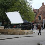Film crews outside York Minster on Tuesday evening (April 23)