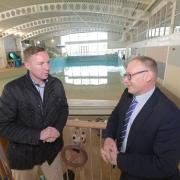 North Yorkshire Council’s deputy leader, Cllr Gareth Dadd (right), and Flamingo Land’s chief executive and owner, Gordon Gibb at the Alpamare Waterpark site in Scarborough.