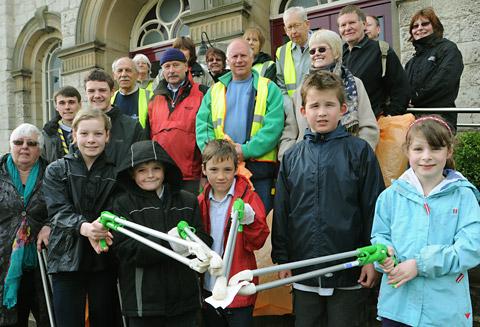Volunteer litter pickers gather outside the Methodist church in Pickering before setting off to tidy up the town.