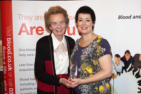Jean Jeffray, left, of Sutton Bank, is presented with an award for making more than 100 blood donations by blood recipient Jayne Snell.