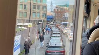 Traffic queueing on Piccadilly on the first weekend of the Christmas fair. Image taken from a bus by Derek Ralphs