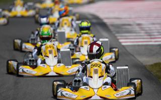 Bart Harrison leads the field at Wackersdorf, Germany, during the FIA Karting Academy Trophy
