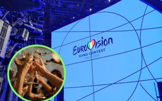 (Background) Eurovision Song Contest 2022 stage. (PA) (Circle) People toasting glasses at a party. ( Canva)