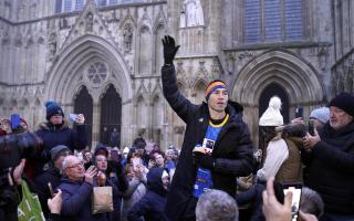 Kevin Sinfield outside York Minster after completing the run