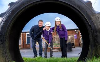 Avant Homes North Yorkshire's Matt Oldfield and two Tadcaster Primary Academy pupils in their upgraded play area