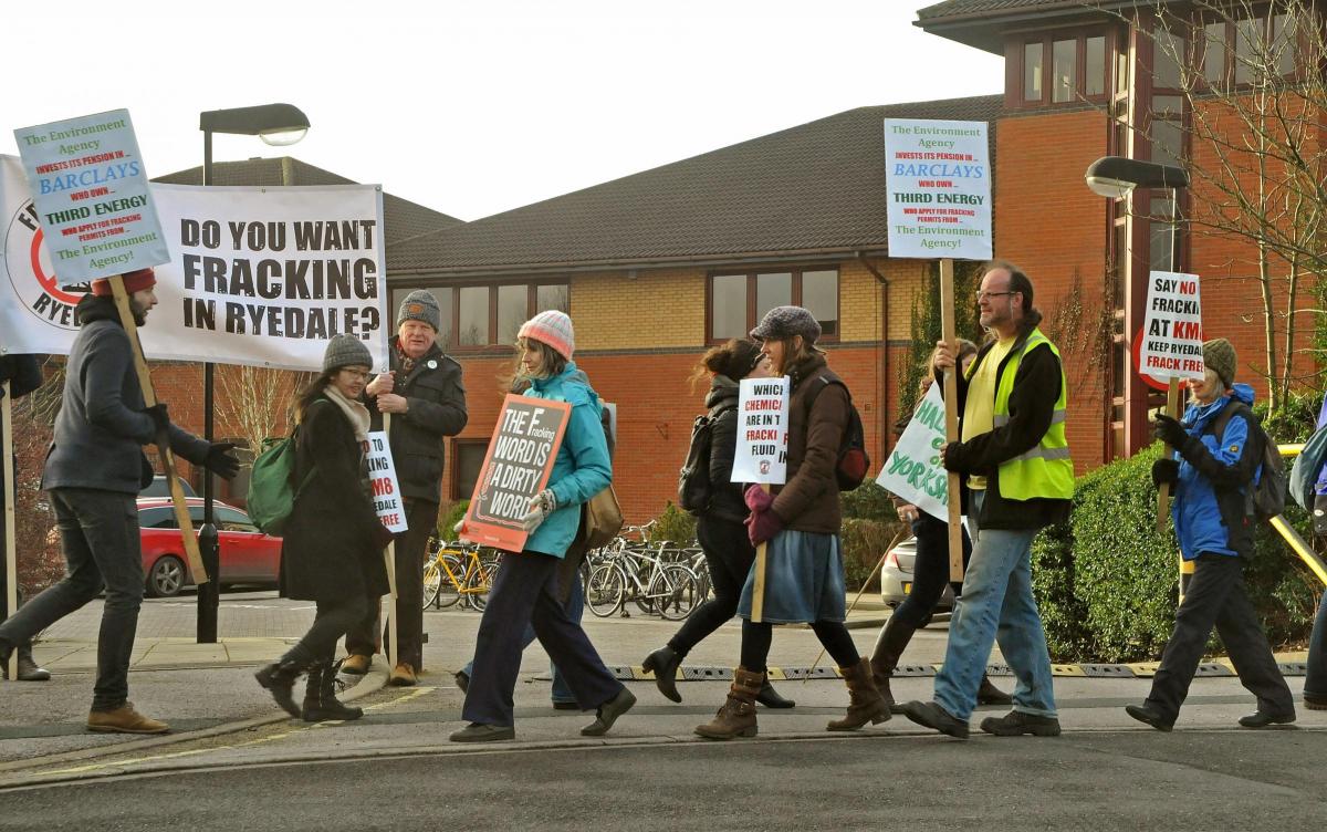 Anti-Fracking in Ryedale campaigners outside the Environment Agency offices at Clifton Moor, York.    