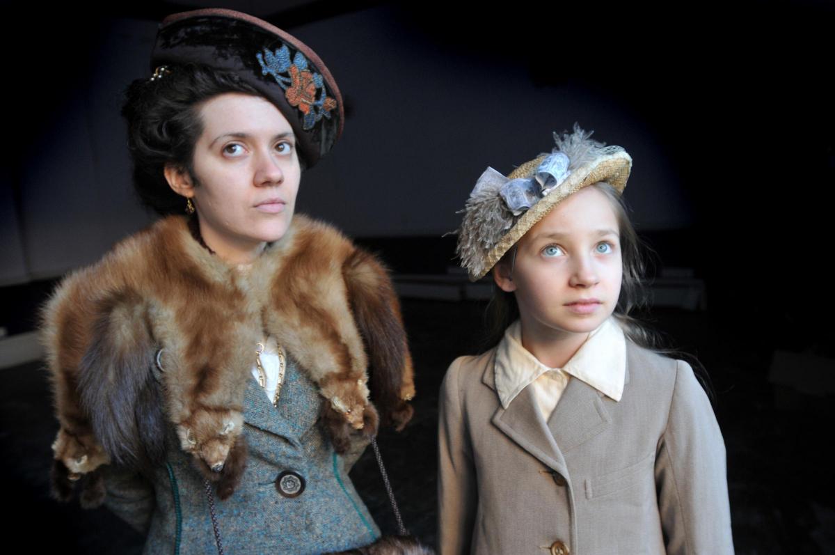 Actors Rose Palmer and Charlotte Butler during filming in Malton of the BBC production of An Inspector Calls.