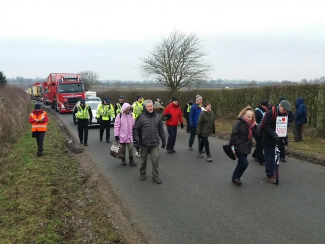 Anti-fracking protestors 'slow-walking' traffic from the site this morning. Picture: North Yorkshire Police