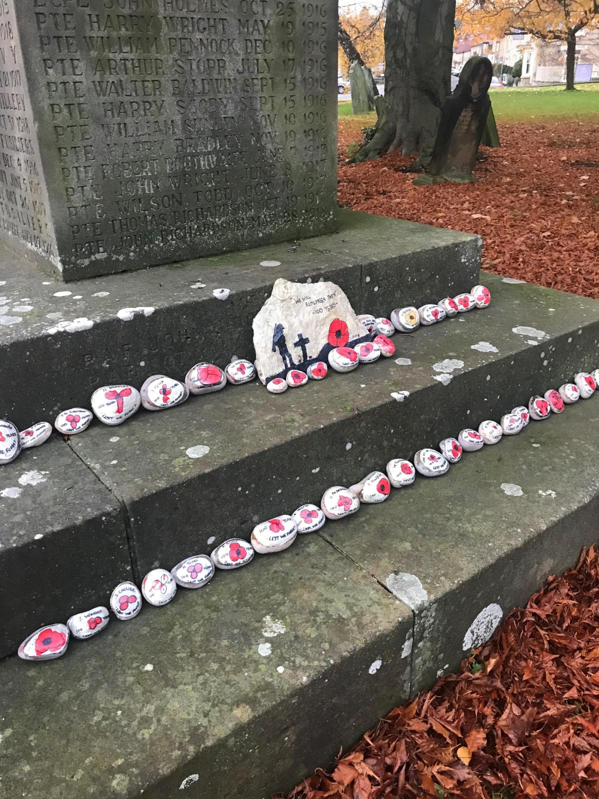 1st Helmsley Beaver: 
Painted Poppy rocks with names of fallen soldiers from the remembrance wall on them.